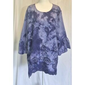New Calessa Womens Embroidered Tie Die Floral Blue Top Blouse L